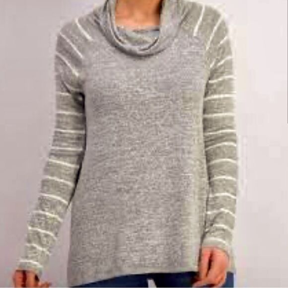 Market & Spruce Gray & White Cowl Neck Elbow Patch Knit Pullover Top Size Medium - Picture 2 of 10